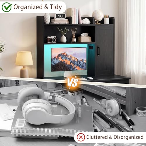 Image of Desktop Storage Shelf, 37.4 inch Computer Desk Organizer 3-Tier Wood Desktop Storage Shelf Desk Hutch Dorm with RGB LED Light & Power Outlets for PC Gamers, Office, College Dorm Must Haves-Black