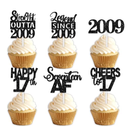 30pcs Black Glitter Dessert Cupcake Pick for Straight Outta 2009 Legend Since 2009 Theme Decor Supplies Men Happy 17th Birthday Party Decoration