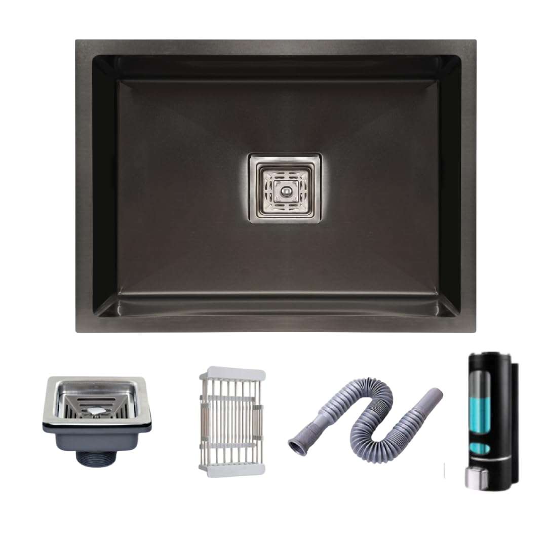 Bowls & More | Handmade Kitchen Sink | 24" × 18" x 10" Matt Finish | Single Bowl Sink With Soap Dispenser | Heavyduty Stainless Steel Sink | Vessel Sink (Black) (B0CL58ZY52) Amazon Price History, Amazon Price Tracker