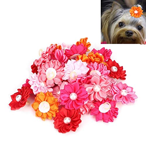Hffheer 30Pcs Colorful Pet Dog Hair Bows, Stylish Daisy Shape Puppy Polyester Fabric Hair Clip With Rubber Bands For Puppy Small Cats Grooming Accessories #TOP11