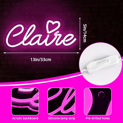 Image of Claire Name Neon Sign for Wall Decor,LED Claire Name Neon Light for Kids Bedroom,Birthday Claire Party Decoration,Neon Sign Customizable for Girl,Birthday Name Decor,Size 13 * 5.5 inches(JTLD092)