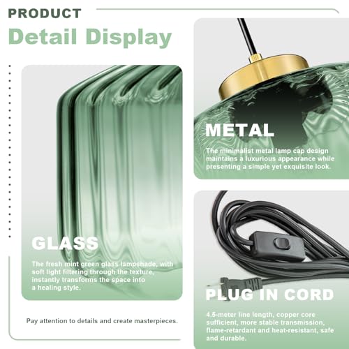 Image of Mint Green Plug in Pendant Light, Adjustable Hanging Light with Plug in Cord On /Off Switch, Striped Glass Chandelier for Bedroom, Kitchen Island, Dining Room
