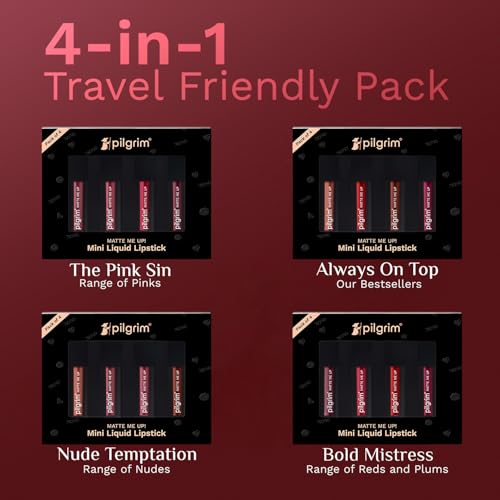 Image of Pilgrim Matte Mini Liquid Lipstick 4 in 1 Pack Smudgeproof, Hydrating & Lightweight (Always on Top, 4 ml)