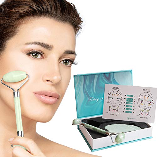 Jade Face Roller & Gua Sha Massager Set, Facial Slimmer Skin Scrapper, Face Beauty Care Anti-Aging Tool, Remove Eye Puffiness & Wrinkles, Real 100% Natural Stone, Thanksgiving Special Price