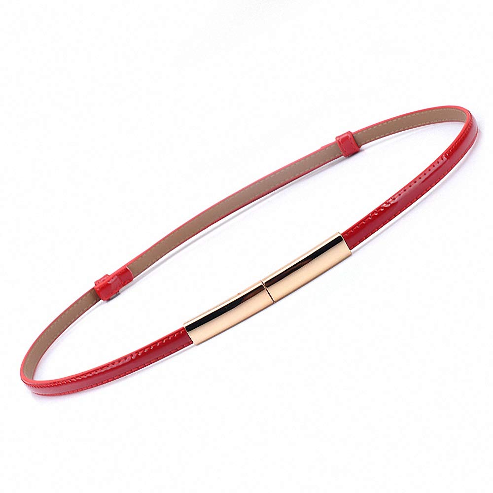 Ulalaza Women's 001Red Skinny Leather Belt For Dress Adjustable Elastic Thin Cinch Waist With Alloy Buckle For Wedding Dress Decoration