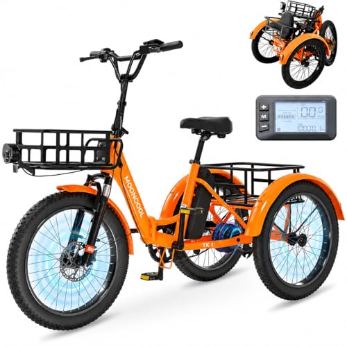 MOONCOOL Bicicleta plegable E Bike de 20 pulgadas, para hombre y mujer, con batería de 36 V, 20 Ah, pantalla LCD, velocidad máxima de 25 km/h, IP65, 45 NM, con grandes troncos y reposapiés (naranja)