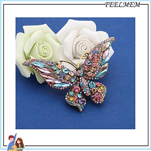 Image of FEELMEM Crystal Rhinestone Butterfly Brooch Pin Blue Color Butterfly Brooches for For Women Wedding /Banquet /Birthday Party