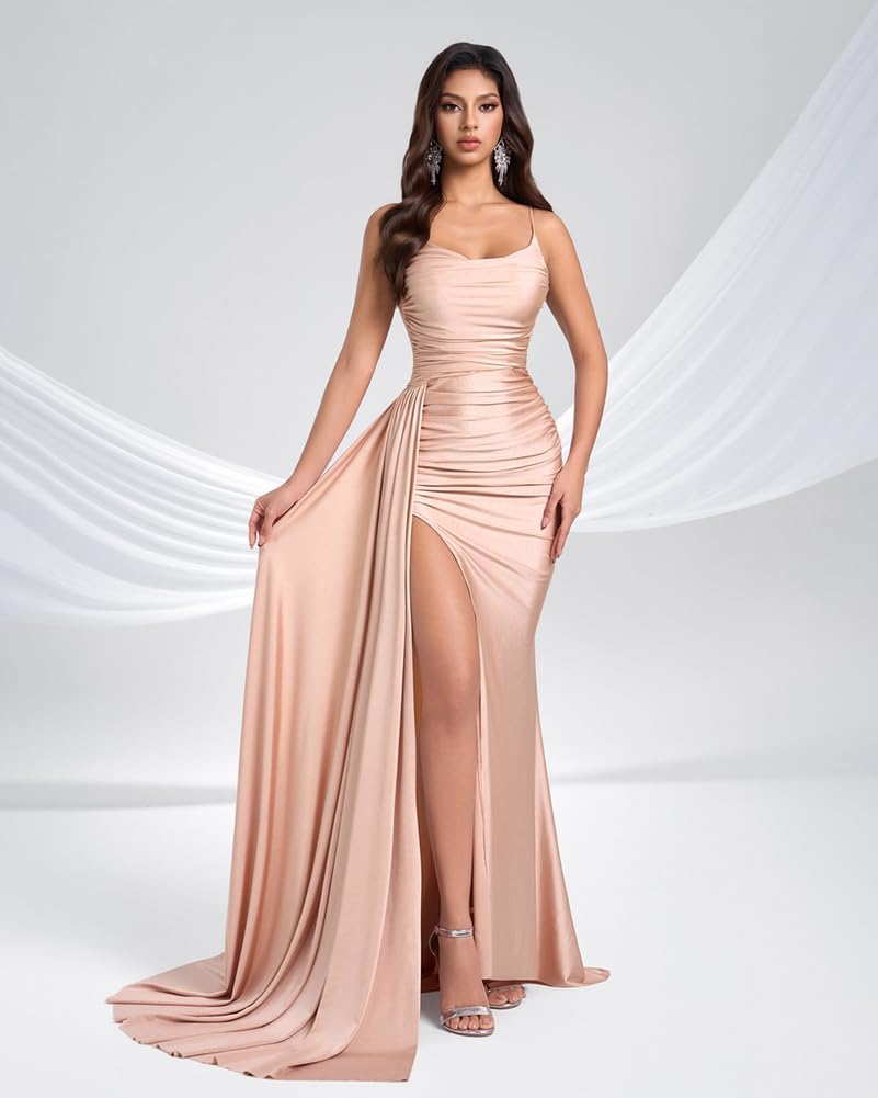Women's Sleeveless Bodycon Prom Maxi Dress Elegant Spaghetti Strap Wedding Guest Formal Evening Gowns with Slit