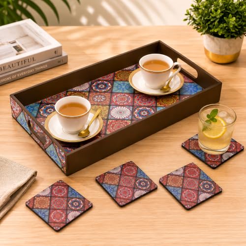 Image of GKD Wooden Serving Tray with Free 4 Coasters - 11x15 Inch Large Tea & Coffee Tray, Snack Tray Decorative MDF Trays for Home & Kitchen - Food Trays with Handles for Dining & Bar (Vibrant Mandala)