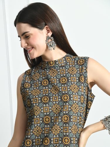 Image of feranoid Unique Printed Choker Neck Back Button Sleeveless Long Kurti