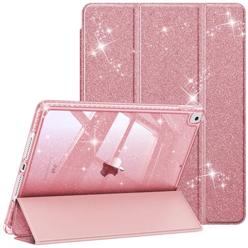 FINTIE Custodia per iPad 10.2 Pollici 9a / 8a / 7a Generazione (2021 2020 2019) con Portapenne - Antiurto Glittering Trasparente Cover Posteriore con Auto Sveglia/Sonno, (Oro rosa)