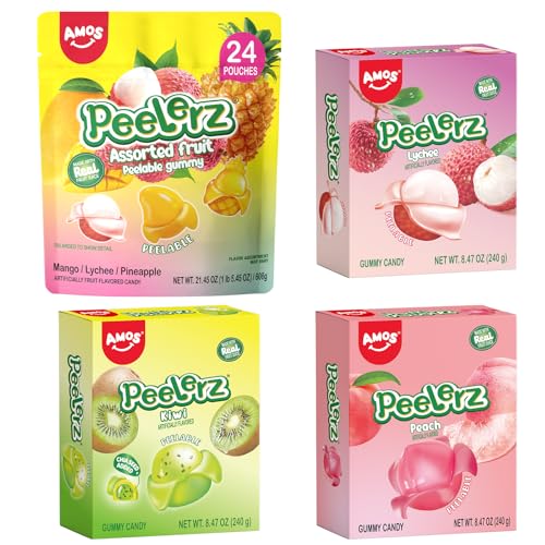 AMOS Peelerz Fruit Gummy Candy 1 Tropical Mixed Flavors (Mango, Lychee, Pineapple) 3 Variety Pack Lychee,Kiwi, Peach | Resealable Snack Pouches & Boxes