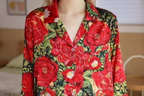 Image of YiNi LuLu Womens Silk Satin Pajamas Set Button Down 2 Piece Pjs Long Sleeve Oversized Sleepwear with Pockets