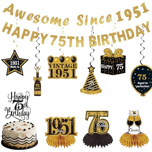 12 Pcs 75th Birthday Decorations for Men Women Black and Gold Happy 75th Birthday Banner Cake Topper Vintage 1951 Honeycomb Centerpieces Hanging Swirls Cheers to 75 Bday Party Supplies