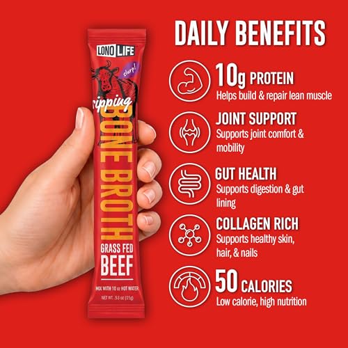 Image of LonoLife Beef Bone Broth Powder Mix | Grass-Fed, 10g Protein | Collagen-Rich, Keto & Paleo Friendly | Natural Ingredients | 10 Portable Stick Pack Servings (Pack of 3)