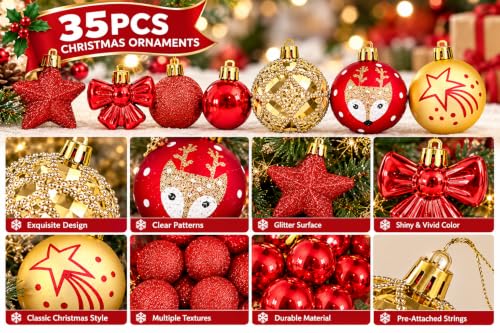 35 Piece Christmas Tree Ornaments Set Decorative Balls with Stars Bows and Reindeer Designs for Holiday Decor Red and Gold - image 4