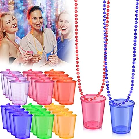 Hinly 48 Packs Shot Glasses with Necklace Bulk Bachelorette Shot Glasses Cups Birthday Necklace Bride Plastic Shot Glass on Beaded Necklace for Christmas Halloween Party, 6 Colors Cover