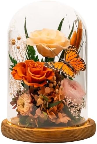 Eternal Flowers with Butterfly: Big Is Love Series-Elegant Preserved Flowers in Glass Dome-Valentines, Anniversary, Mom Gifts for Her-Flowers for Delivery Prime-Flower Arrangements (Orange)