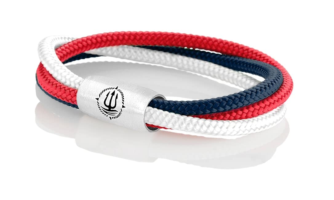 Maritimes Seemannsgarn Segeltau Armband Trinidad rot, weiß, navy blau, dreireihig, 8mm, Bootsmann (aus echtem 925 Sterlingsilber), M - Gelenkumfang von 15 cm bis 16,5 cm