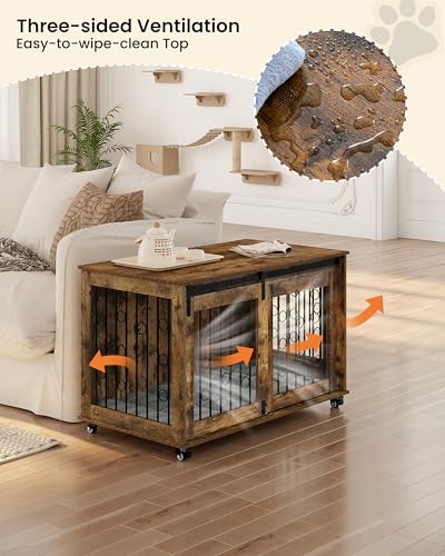 EUGAD Hundekäfig Möbel, 100cm Hundebox Zuhause mit 2 Türen 5 Rädern, Hundegitter für große mittlere kleine Hunde, Hundehütte Indoor, Dekorative Haustierkiste für den Innenbereich Vintagebraun