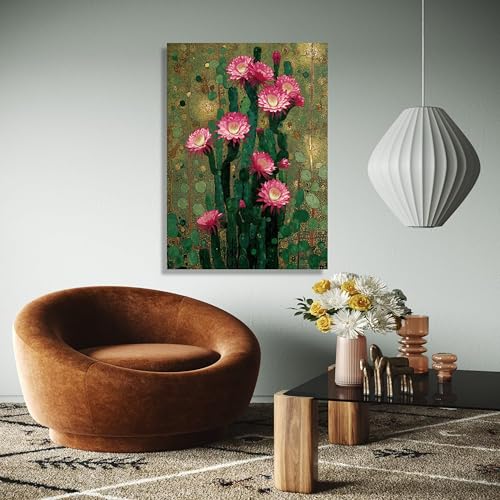 Impression botanique cactus vert fleurs roses décoration florale désert