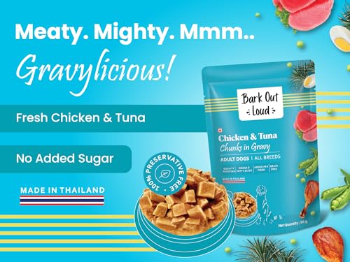 Image of Bark Out Loud Wet Dog Food Chunks | Chicken & Tuna Gravy Food for Adult Dogs | Grain-Free, Pea Protein with Omega Fatty Acids | Healthy & Tasty Meal for Dogs | 85 g (Pack of 12)