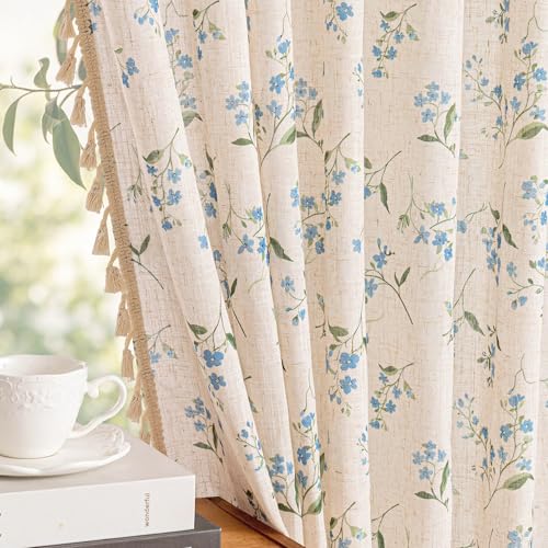Image of MYSKY HOME Blue Floral Farmhouse Semi Sheer Curtains 84 Inches Long Linen Blend Boho Vintage Light Filtering Privacy Rustic Country Drapes with Tassel Back Tab for Living /Dining Room, 50 inch Wide, 2 Pcs