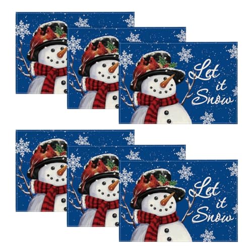 Artoid Mode Blue Snowman Let It Snow Winter Placemats Set of 6, 12x18 Inch Seasonal Christmas Holiday Table Mats for Party Kitchen Dining Decoration