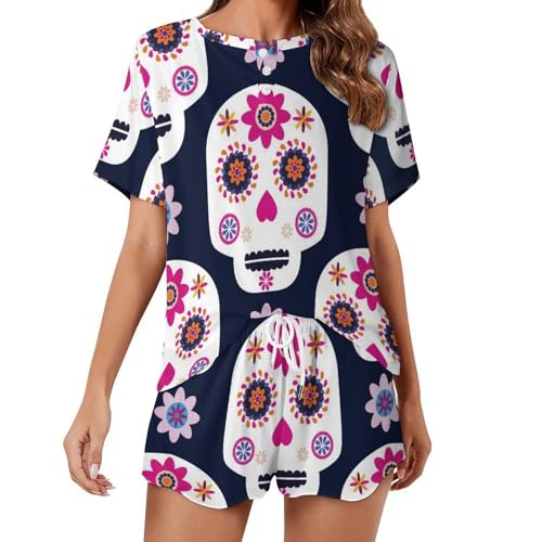 Pyjama court femme respirant avec imprimé crâne à fleurs pour nuits fraîches