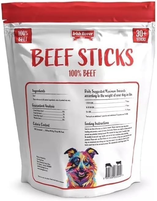 Irish Rover Beef Sticks Dog Treats, 30 Count, Net Weight 2.2 lbs, (1kg) -100% Beef, High Protein, No Artificial Colors, No Artificial Flavors and Preservatives.