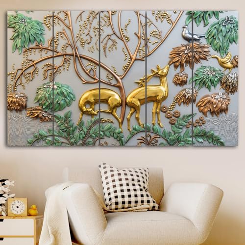 Image of Maxstone Goldan Deer Wall Painting Vastu for Home Animals Wall Painting Living Room,bedroom,Office, Multiple Panals Big Size Set of-5 (30x60 inch) M1263