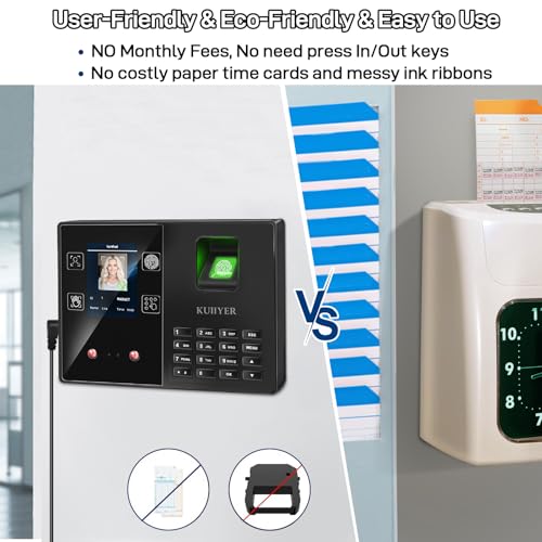 Image of KUIIYER 4 in 1 Employees Time Clocks for Small Business (Face + Fingerprint + Palm Print + PIN) Employee Clock in & Out Machine Biometric Attendance Punch Clock Recorder Tracker (No Monthly Fee)