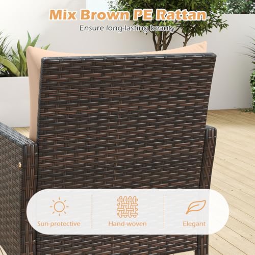 Image of Tangkula 3 Pieces Patio PE Wicker Furniture Set, Outdoor Bistro Conversation Set with Cushions and Tempered Glass Coffee Table, Outside Rattan Table and Chairs for Porch (Beige)