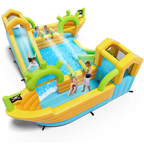 Image of JOYMOR Inflatable Water Slide Park, 2 Pirate-Boat Giant Water Slide Bounce House w/4 Water Cannons, Challenge Climbing Wall, 10-in-1 Water Slides for Kids Backyard Outdoor w/Blower, Up to 6 Kids