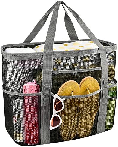 MAY TREE Extra Large Mesh Beach Bag with Multiple Pockets, Beach Tote Bag Ideal for Your Family Beach Trip, Lightweight Beach Accessories for Vacation Camping Picnic - Black Woven Thread