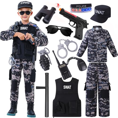Wonrynn SWAT Police Officer Costume for Kids Policea and Army Costume for Boys with camouflage uniform SWAT Vest Halloween Costume for Boy Cosplay Themed Party for Boys Girls