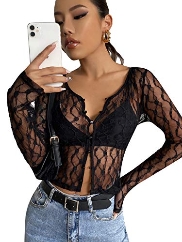SheIn Women's Sheer Fishnet Button Front Tops Long Sleeve Crop Tee Shirts Black Medium