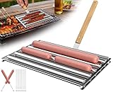 OUBRTS Extra Large Hot Dog Roller for Grill, 11.5" Stainless Steel BBQ Sausage Roller Rack with Wooden Handle Fork, Manual Rolling Hot Dog Grill for Even Cooking, Includes 10 Stainless Steel Skewers