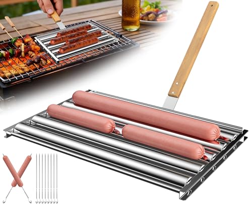 Extra Large Hot Dog Roller for Grill 11.5 Stainless Steel BBQ Sausage Roller Rack with Wooden Handle Fork Manual Rolling Hot Dog Grill for Even Cooking Includes 10 Stainless Steel Skewers1pc)