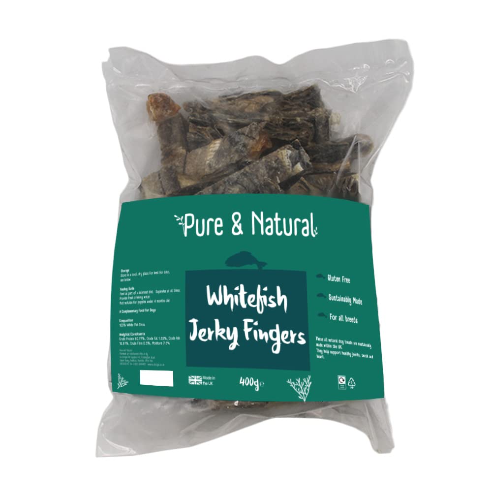 Pure & Natural 100% Natural Whitefish Jerky Fish Fingers 400gm - Low Fat, Grain Free Dog Treats