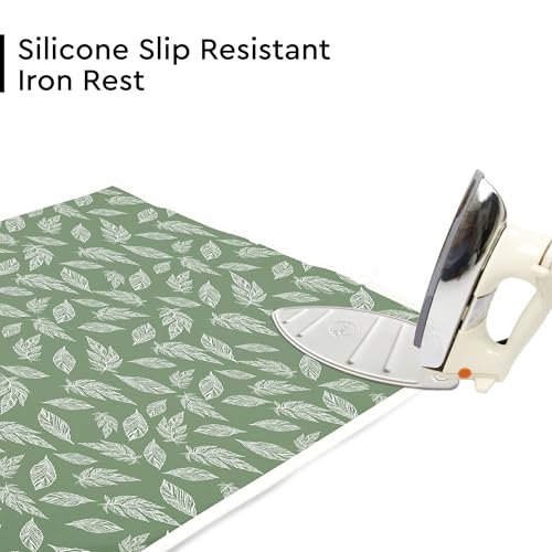 Image of Encasa XO Ironing Mat (Large 120x70 cm) with 3mm Felt Padding, Silicone Iron Rest Protector, Steam Press on Table, Bed, Portable, Heat Reflective, Foldable, Washable, Printed - Big Leaves Green