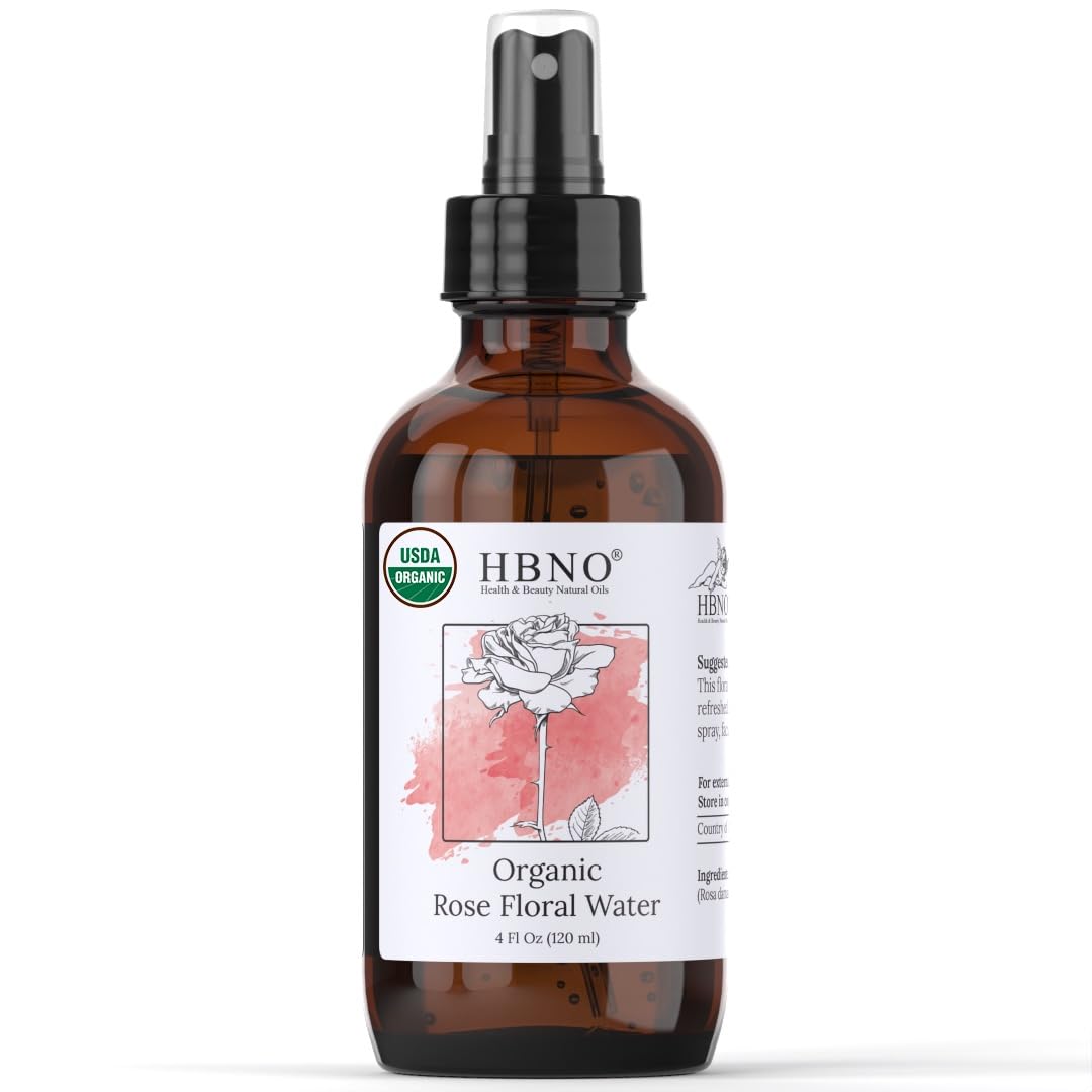 HBNO California Bottled Organic Rose Water for Face 4 fl oz (120ml) – USDA Certified Organic Rose Water Spray for Cleansing- Pure Rosewater for Hair – Rosewater Face Mist