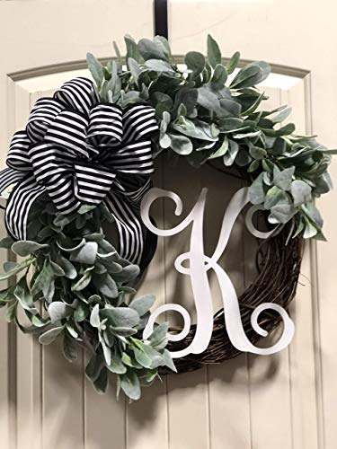 Lambs Ear Monogram Letter Wreath for Front Door Decor with Custom Hand-tied Bow-21-22