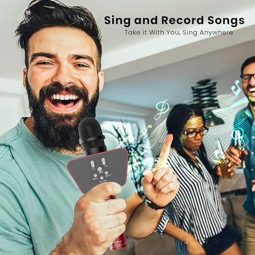Image of LANDMARK BT55 Handheld Wireless Singing Mic Multi-Function Bluetooth Karaoke Microphone with Inbuilt Bluetooth Speaker, Recorder for Smart Phones, Laptop, Tablet - Red