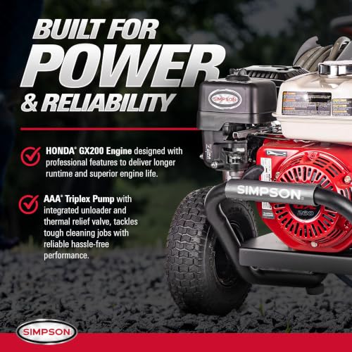 Image of Simpson PowerShot 3500 PSI Gas Pressure Washer, 2.5 GPM, Honda GX200 Engine | Gas Power Washer For Professionals. AAA Triplex Pump, 25' MorFlex Hose, 5 Nozzles, Steel Frame. 49-State Compliant. PS3228
