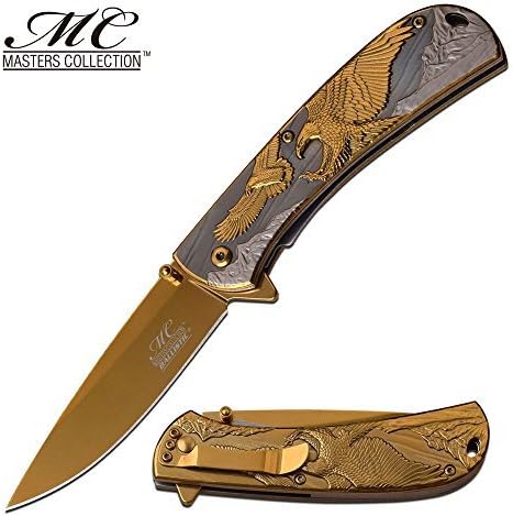 MC-043SG Folder with Thumb Stud & Pocket Clip Gold Tile Stainless Eagle Handle, 4.5"