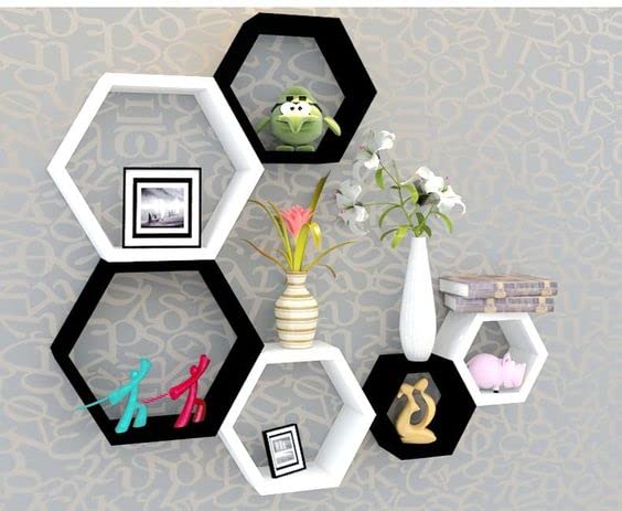 Image of BAS Engineered Wood Brown Art Shoppee Decorative Display With Hexagon Shape Set Of 6 Floating Wall Shelves And Racks For Living Room (Black & White)