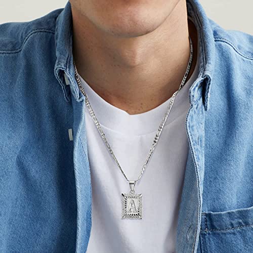 Kissyan Initial Letter Pendant Necklace For Men Womens, White Gold Plated Square Capital Monogram Necklace Alphabets From A-Z Figaro Chain Necklace (White Gold J) #TOP1