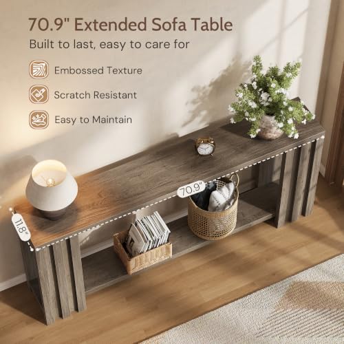 Image of 70.9 Rustic Grey Slim Farmhouse Console Sofa Table Behind Couch Entryway