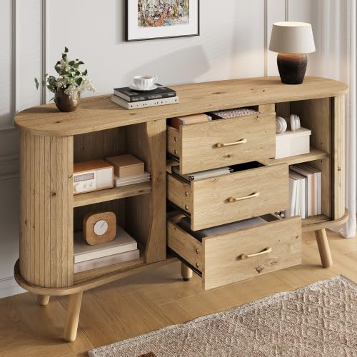 Armario de cocina, aparador blanco, con forma de guisante con aspecto de ranuras, dos puertas correderas + tres cajones, compartimentos de altura regulable, patas de madera maciza, material de MDF